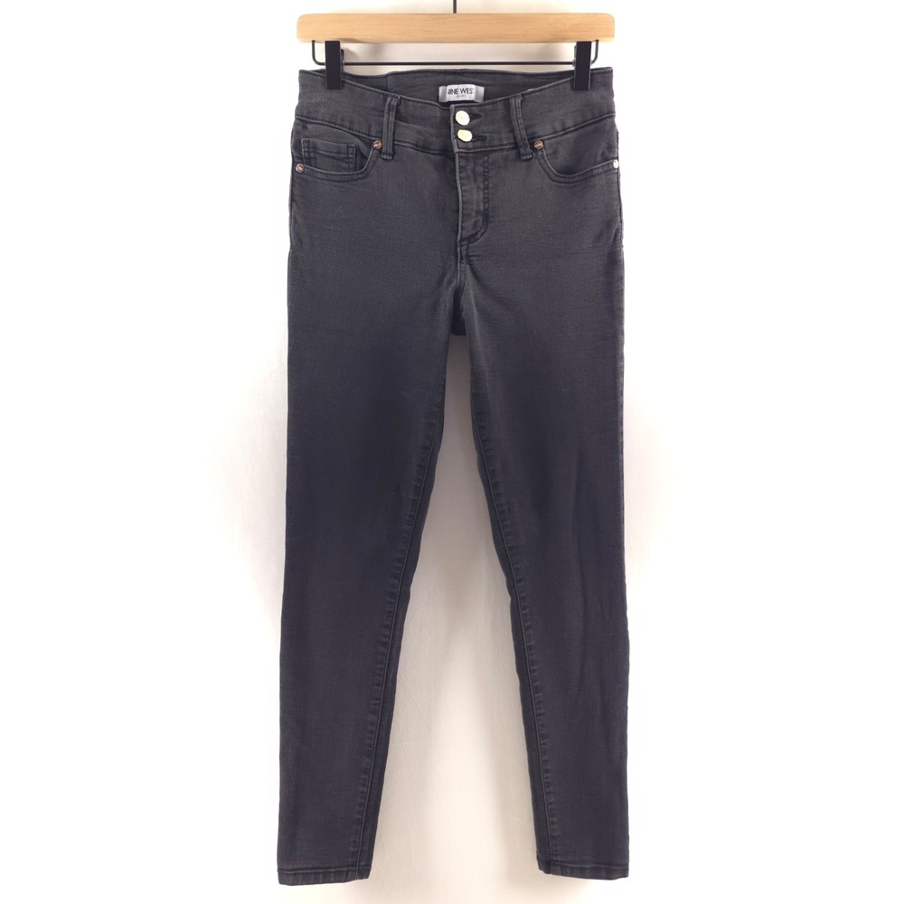 Nine West Women Skinny Jeans 4 Black High Rise Double Button Stretch Denim‎